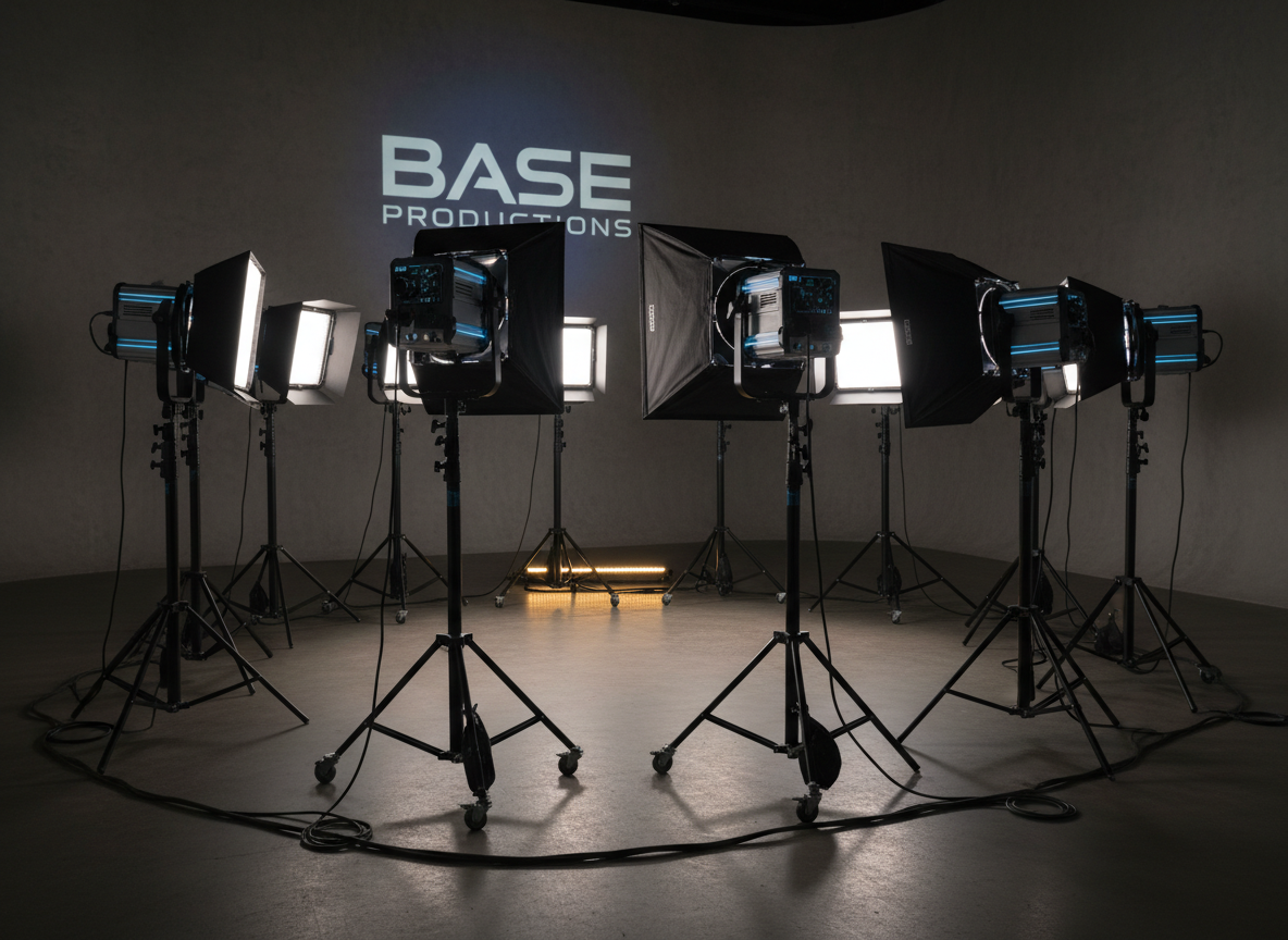 A meticulously lit array of professional LED production lights on sturdy stands, arranged in a semi-circle within a darkened studio branded for Base Productionw. Each light features barn doors, digital control panels glowing faintly, and rugged metal housings in matte black and gunmetal gray. Some lights are fitted with softboxes, others with grids, casting controlled beams and soft pools of illumination on a neutral backdrop. The main key light on the left emits a clean, daylight-balanced glow, while a backlight creates a subtle rim on the stands and cables. Shot in photographic realism from a slightly elevated, three-quarter angle, the image showcases the precision of the equipment. The mood is technical yet inviting, suggesting complete, movie-ready lighting solutions for serious productions.