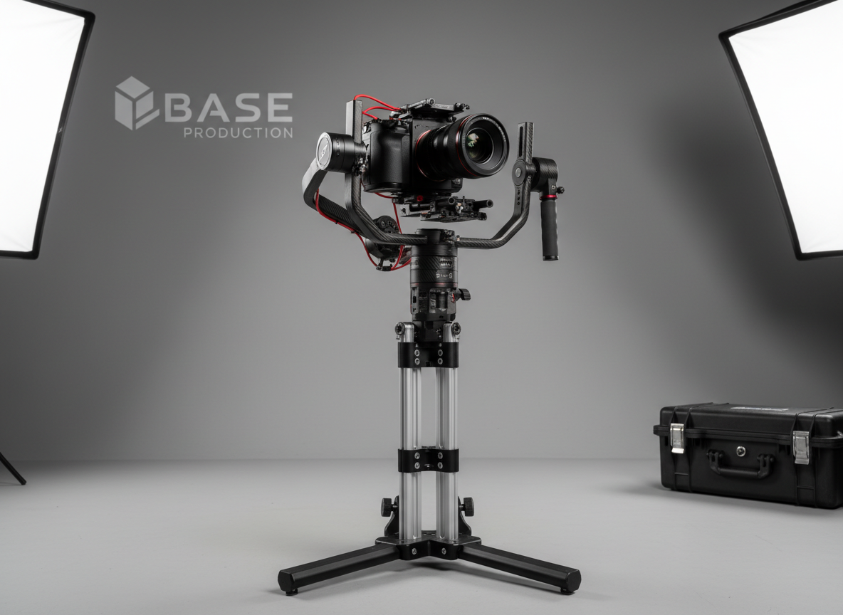 A polished, heavy-duty camera stabilizer gimbal system mounted on a modular support stand in a clean product demo area. The gimbal cradles a compact cinema camera, with cables neatly routed along carbon-fiber arms and precision-balanced motors. The background features a smooth, neutral gray wall with a discreet Base Productionw logo and a single, sturdy equipment case slightly out of focus. Soft, even studio lighting from both sides eliminates harsh shadows, creating subtle highlights on the metal joints and textured grips. Captured in photographic realism from an eye-level, centered composition with shallow depth of field, the stabilizer is in razor-sharp focus while the background gently blurs. The atmosphere feels refined, engineering-focused, and highly professional, emphasizing advanced stabilization technology for movie-ready shoots.