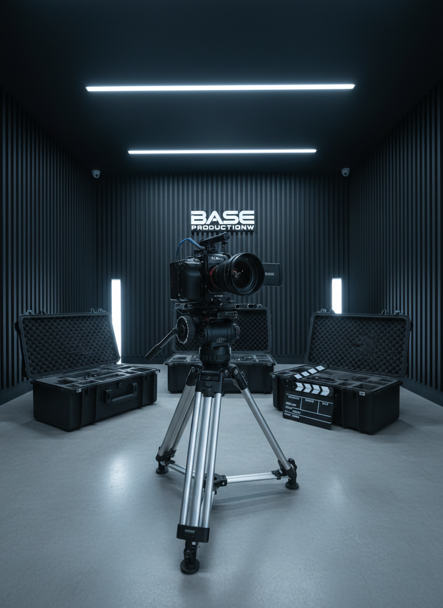 A meticulously arranged array of high-end movie production equipment displayed in a sleek studio showroom. In the foreground, a matte-black 8K cinema camera with a carbon-fiber body, cine prime lens, and follow-focus rig rests on a sturdy tripod with polished aluminum legs. Surrounding it are neatly organized cases, a compact LED panel, and a glossy clapperboard branded with “Base Productionw.” The environment features a clean concrete floor, dark acoustic panels, and subtle branding on the back wall. Cool, diffused studio lighting from above and behind creates crisp reflections and gentle shadows, emphasizing precision craftsmanship. Shot at eye level with a slightly wide lens for sharp detail throughout, the photographic realism and modern, professional aesthetic communicate premium, movie-ready reliability.