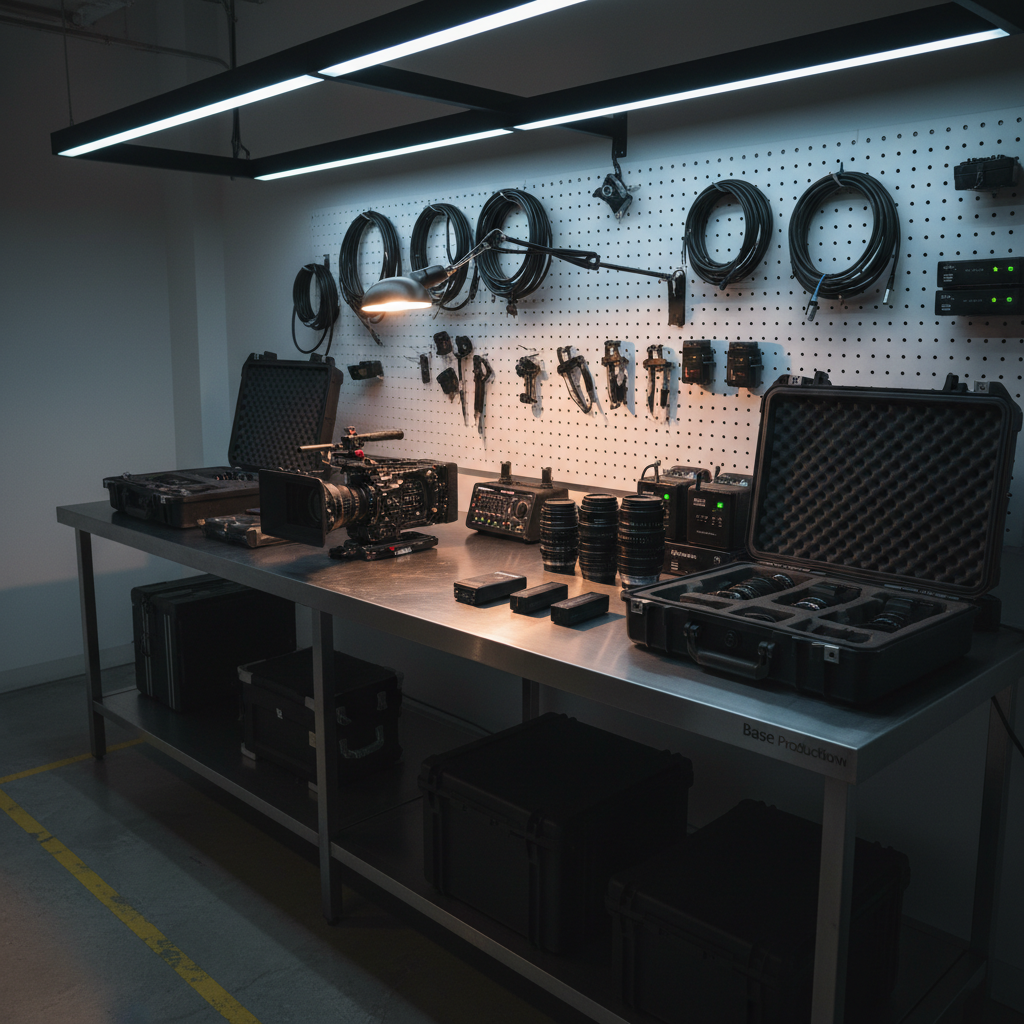 A clean, organized equipment prep bay featuring a large, industrial-style workbench covered with carefully laid out movie-ready gear from Base Productionw. On the bench sit a stripped-down cinema camera body, several lenses in foam cutouts, a compact field recorder, wireless video transmitters, and labeled battery chargers with LEDs glowing softly. Pegboard walls behind the bench hold neatly hung cables, clamps, and small accessories, all thoughtfully arranged. Cool, diffused overhead lighting and a focused task lamp create a balanced, professional ambiance with gentle shadows emphasizing depth. Shot in photographic realism from a slightly elevated angle using the rule of thirds, the composition draws the eye across the workstation. The atmosphere feels efficient, methodical, and production-ready, ideal for showcasing complete equipment solutions before a movie shoot.